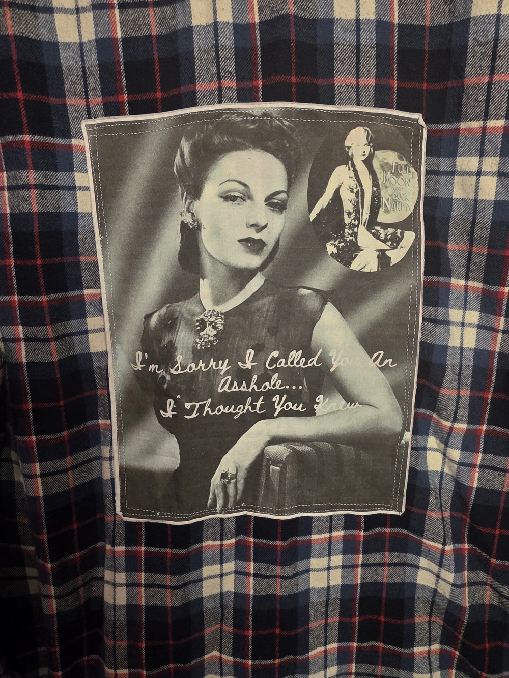 Custom Graphic Plaid Flannel Shirt XL Sarcastic Meme Vintage Pinup